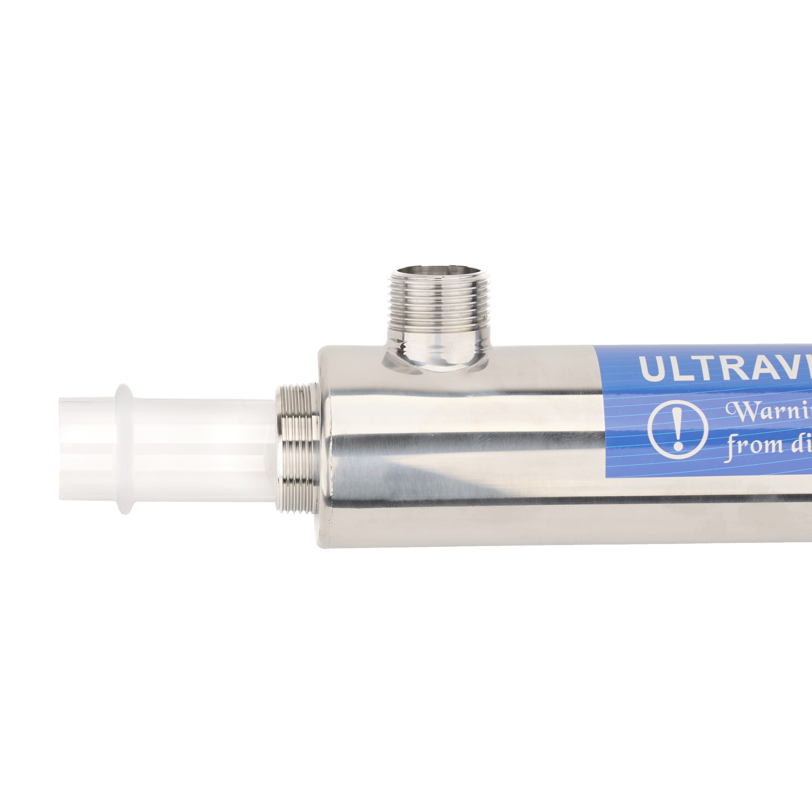 Sterylizator UV 25 W, zbliżenie na metalową obudowę i króciec z gwintem